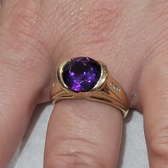 14k Yellow Gold Amethyst Solitaire Cocktail Ring W/ Diamond Accents 14.16 $1300 - Picture 7 of 11
